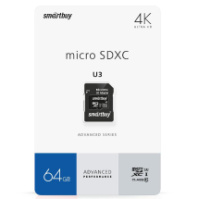 Карта памяти micro SD 64Gb SmartBuy class 10 с адаптером UHS-I U3 A1